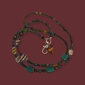 Handmade Green Brown Gemstone Tiger Stripe Czech Glass Beaded Lanyard